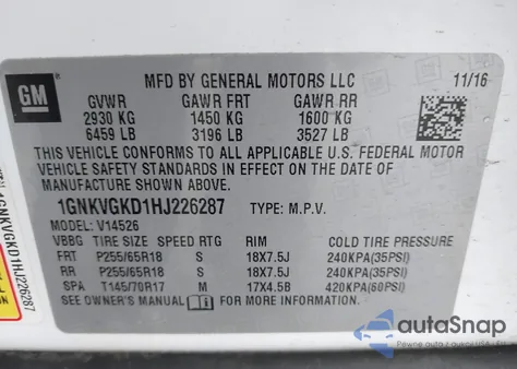 2017 Chevrolet Traverse 1Lt из США, поврежденный, VIN 1GNKVGKD1HJ226287